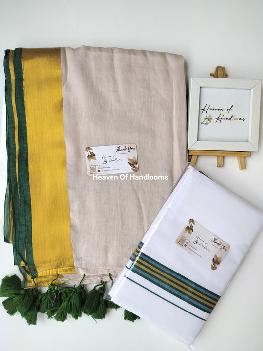 Onam vishu saree and dhoti- cream with green and Golden line