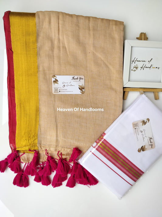 Onam vishu saree and dhoti- sandal with red and Golden line