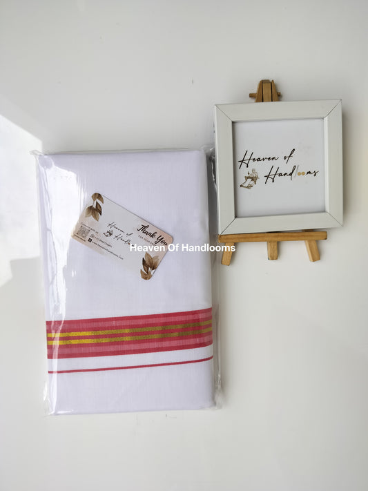 Onam vishu dhoti- white with red and Golden line