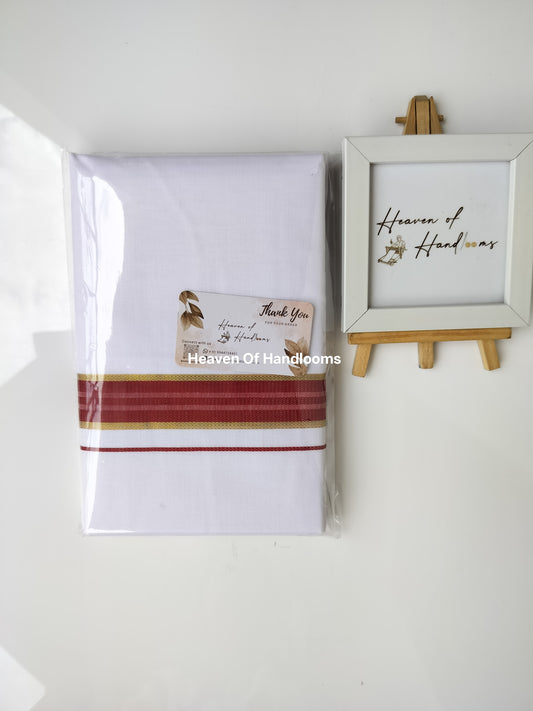 Onam vishu dhoti- white with violet and Golden line