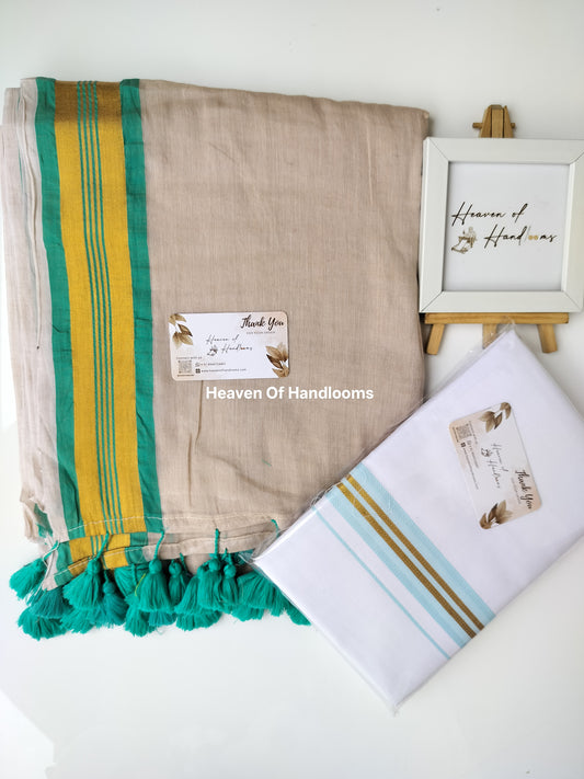 Onam vishu saree and dhoti- Cream with Green and Golden line