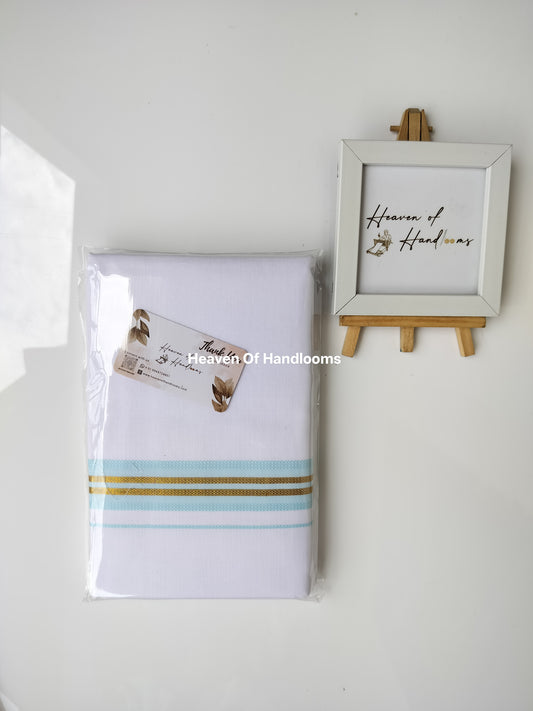 Onam vishu dhoti- White with Blue and Golden line