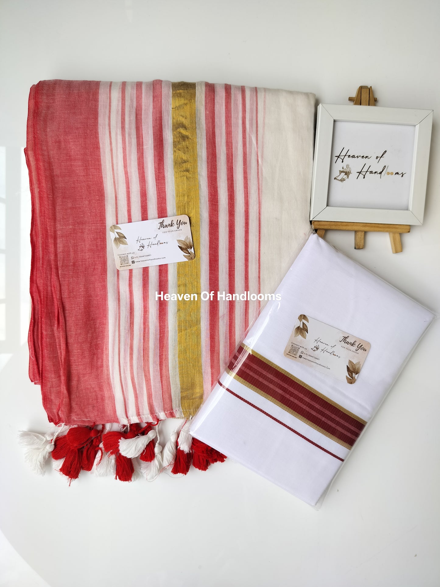Onam vishu saree and dhoti- White with red and Golden line