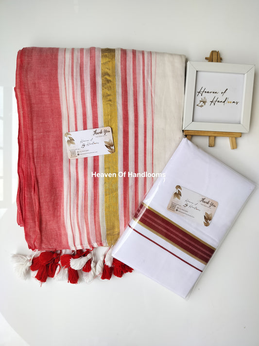 Onam vishu saree and dhoti- White with red and Golden line
