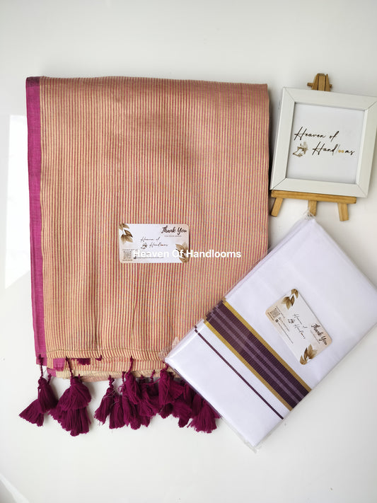 Onam vishu saree and dhoti- golden with violet line