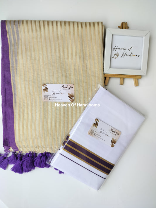 Onam vishu saree and dhoti- sandal with violet and Golden line