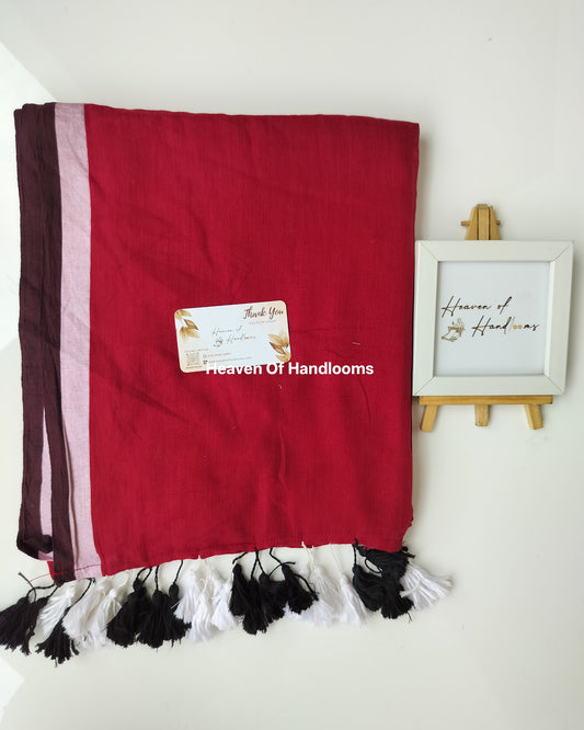 Plain Mul Saree - Berry with White Red Border