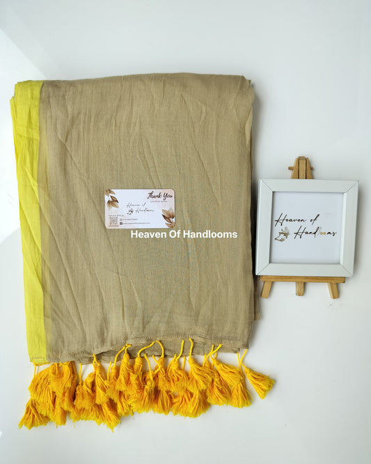 Plain Mul Saree - Beige with Yellow Border