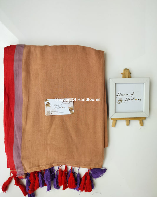 Plain Mul Saree - Light Brown with Red Border