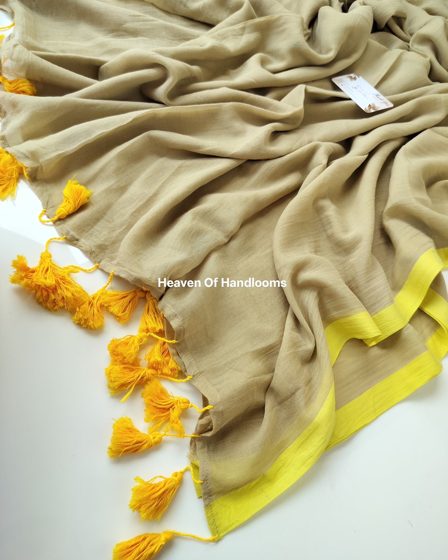 Plain Mul Saree - Beige with Yellow Border