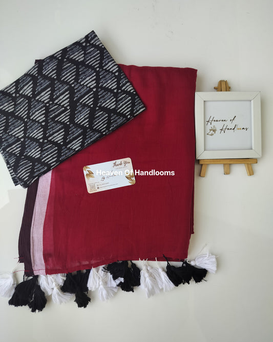 Saree with Blouse Material - Berry with White Red Border with Blouse Material