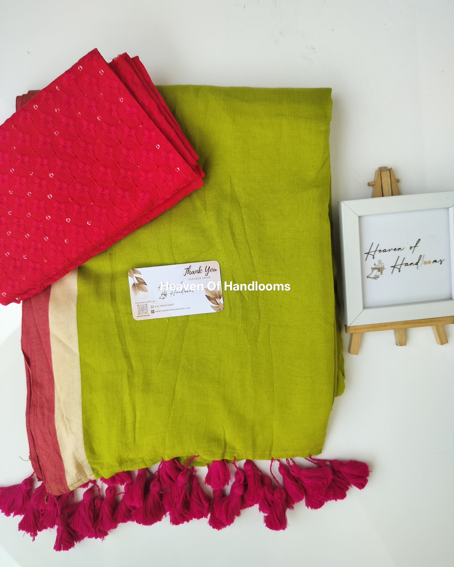 Saree with Blouse Material - Green with Pink Red Border with Blouse Material
