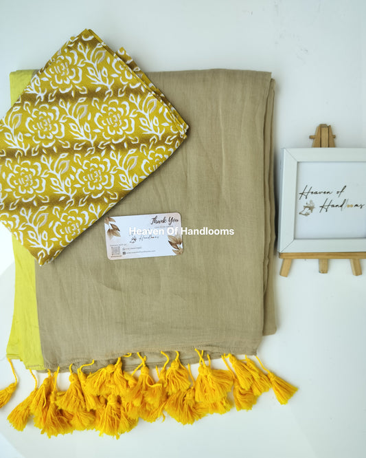 Saree with Blouse Material - Muted Grey with Yellow Border with Blouse Material