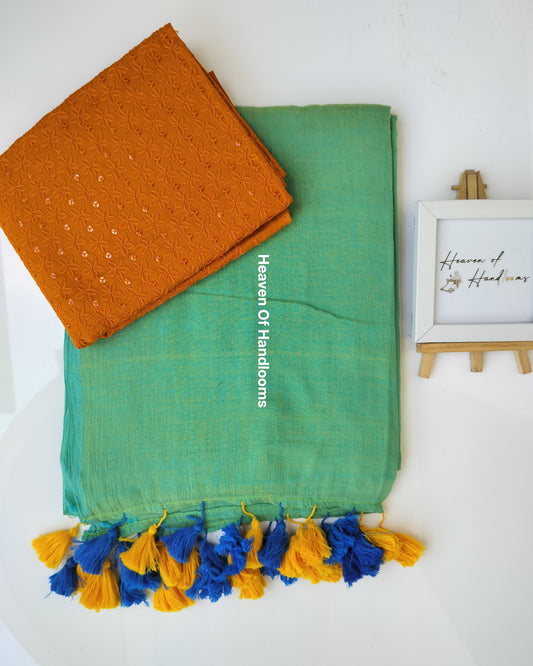 Saree with Blouse Material - Turquoise and Yellow with Blouse Material