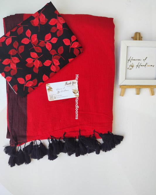 Saree with Blouse Material -Red with Black Border with Blouse Material