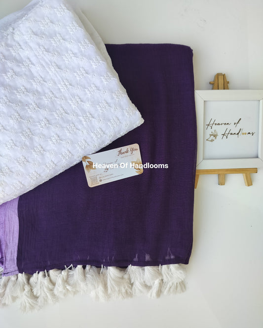 Saree with Blouse Material - True Purple with Lavender Border with Blouse Material