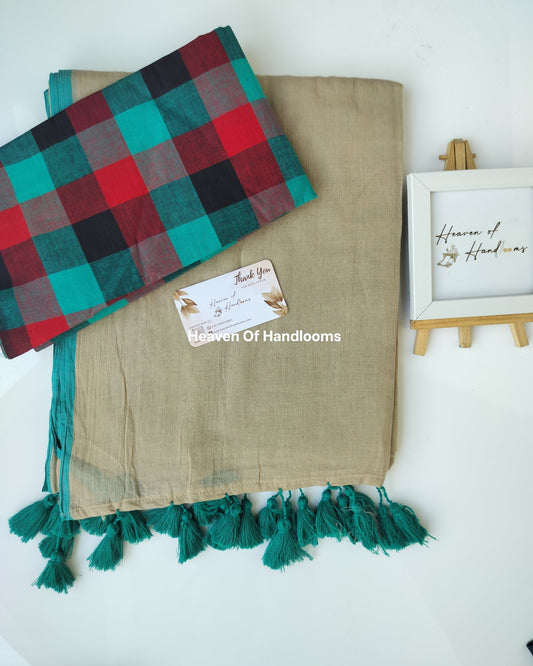 Saree with Blouse Material - Cream with Teal Border with Blouse Material