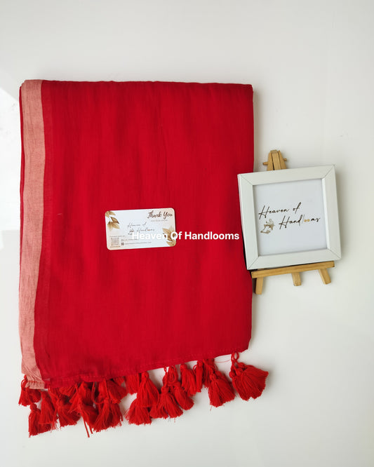 Plain Mul Saree - Red with Peach Border