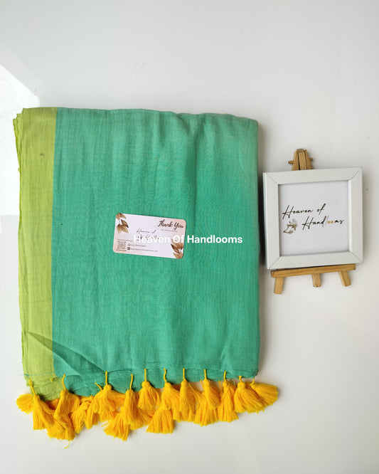 Plain Mul Saree - Aquamarine with Yellow Border