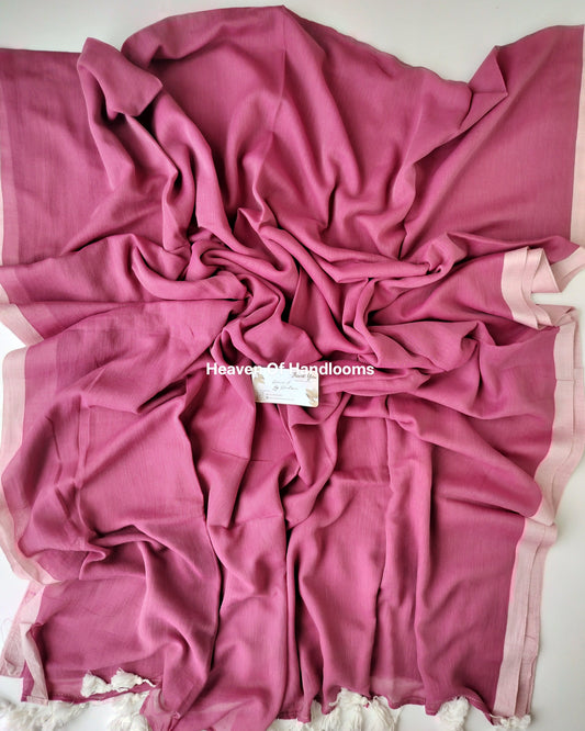 Plain Mul Saree - Pink with Rosewood Border