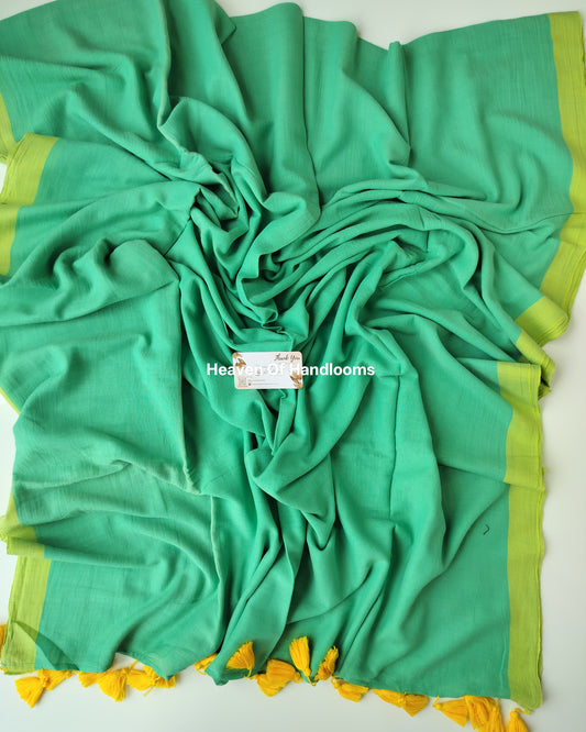 Plain Mul Saree - Aquamarine with Yellow Border