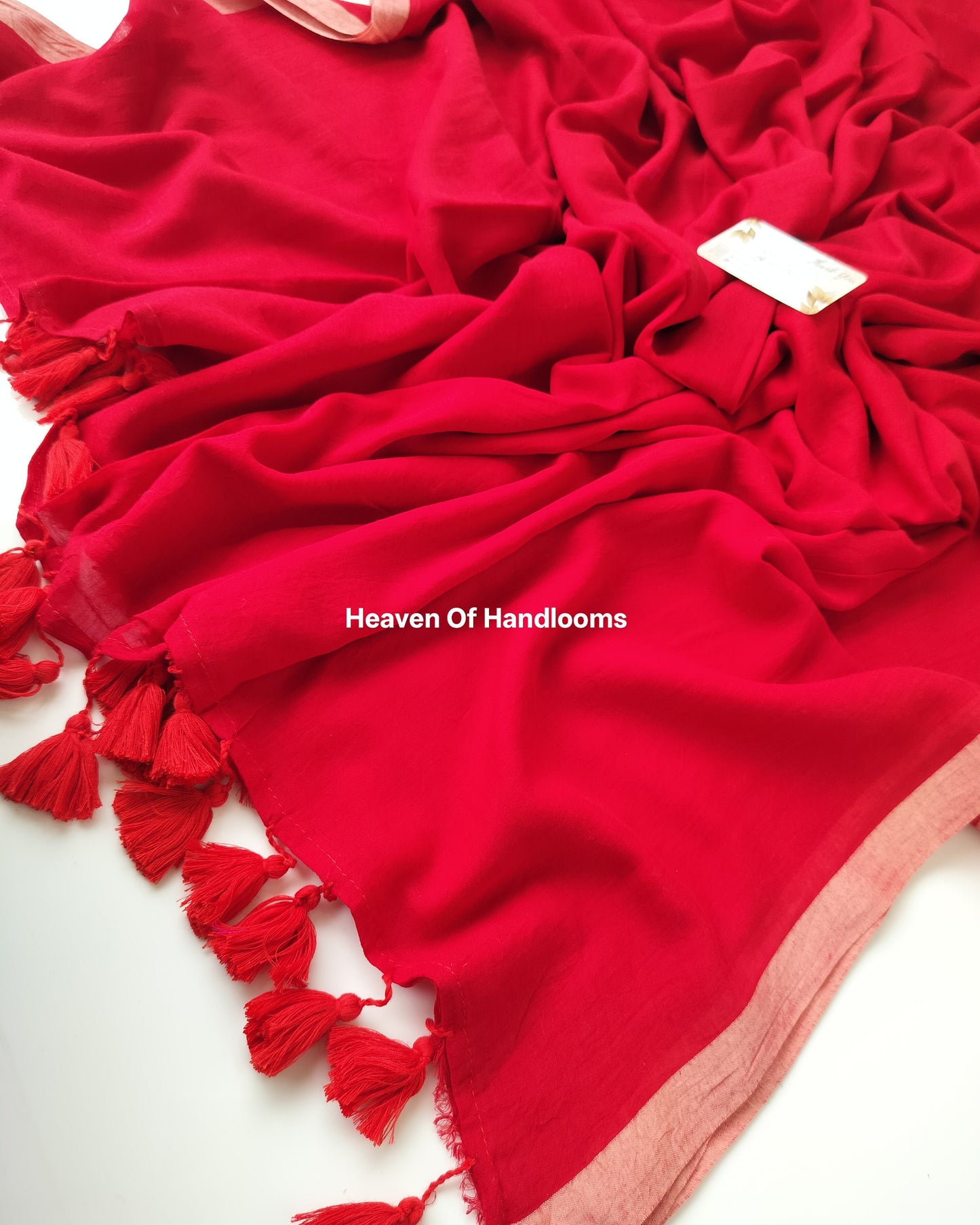 Plain Mul Saree - Red with Peach Border