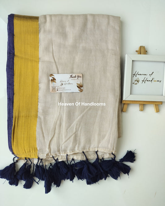 Onam-Vishu Saree - Beige with Blue Border