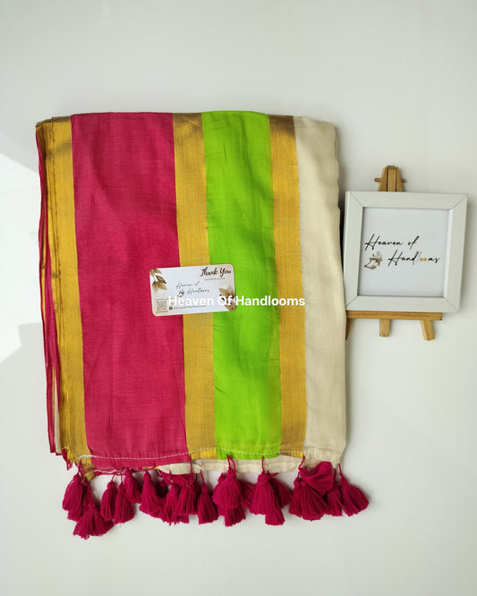 Onam-Vishu Saree - Pink and Green Double Border