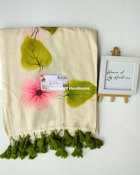 Onam-Vishu Saree - Beige with Hibiscus with Leaves