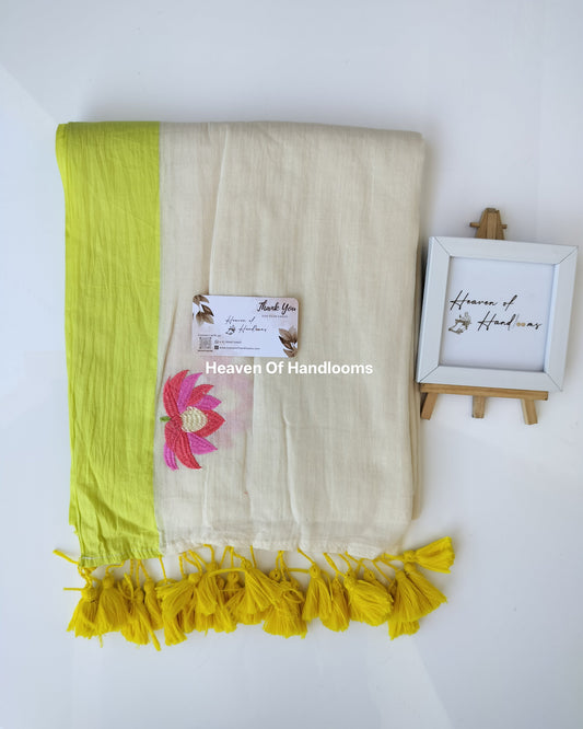 Onam-Vishu Saree - Lemon Yellow Border with Lotus Embroidery