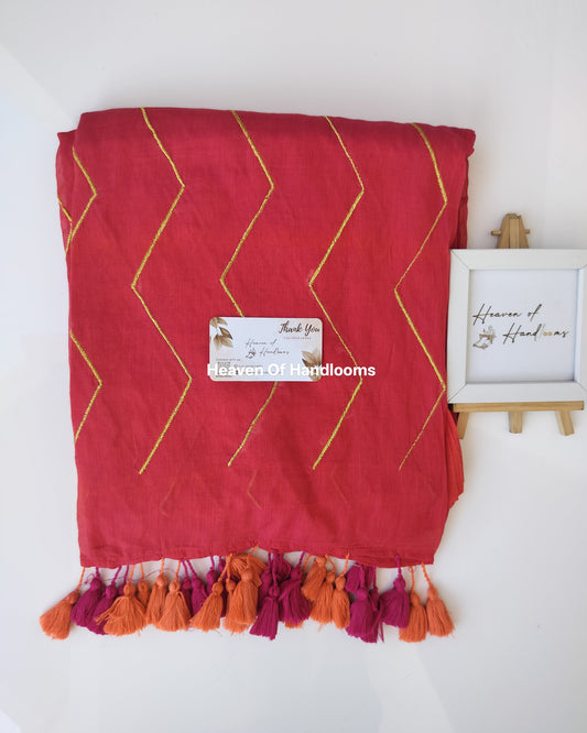 Embroidery Saree -  Tomato Red Zig Zag