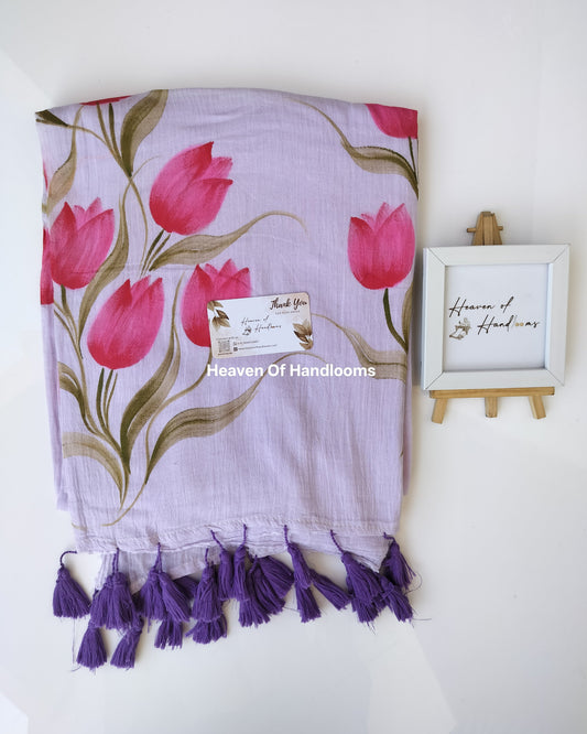 Hand Painted Saree - Pale Purple with Rose