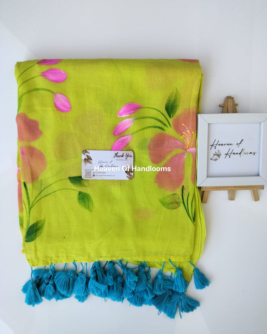 Hand Painted Saree - Neon with Hibiscus