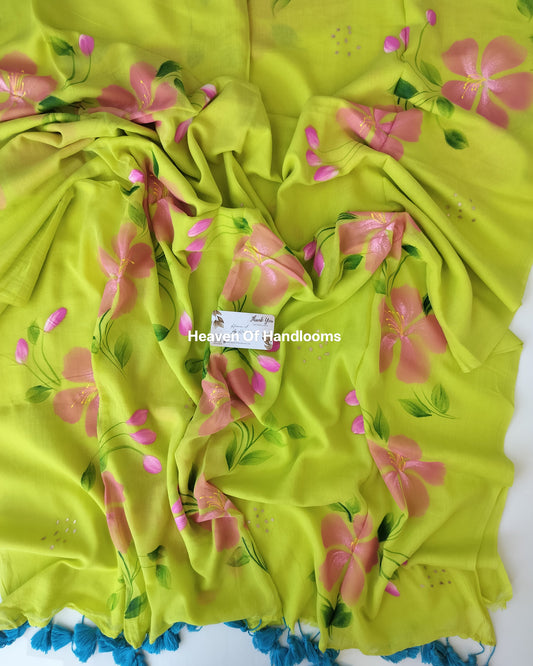 Hand Painted Saree - Neon with Hibiscus