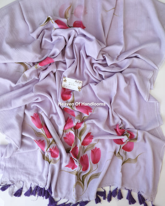 Hand Painted Saree - Pale Purple with Rose