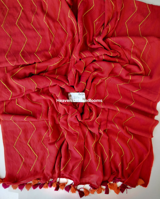Embroidery Saree -  Tomato Red Zig Zag