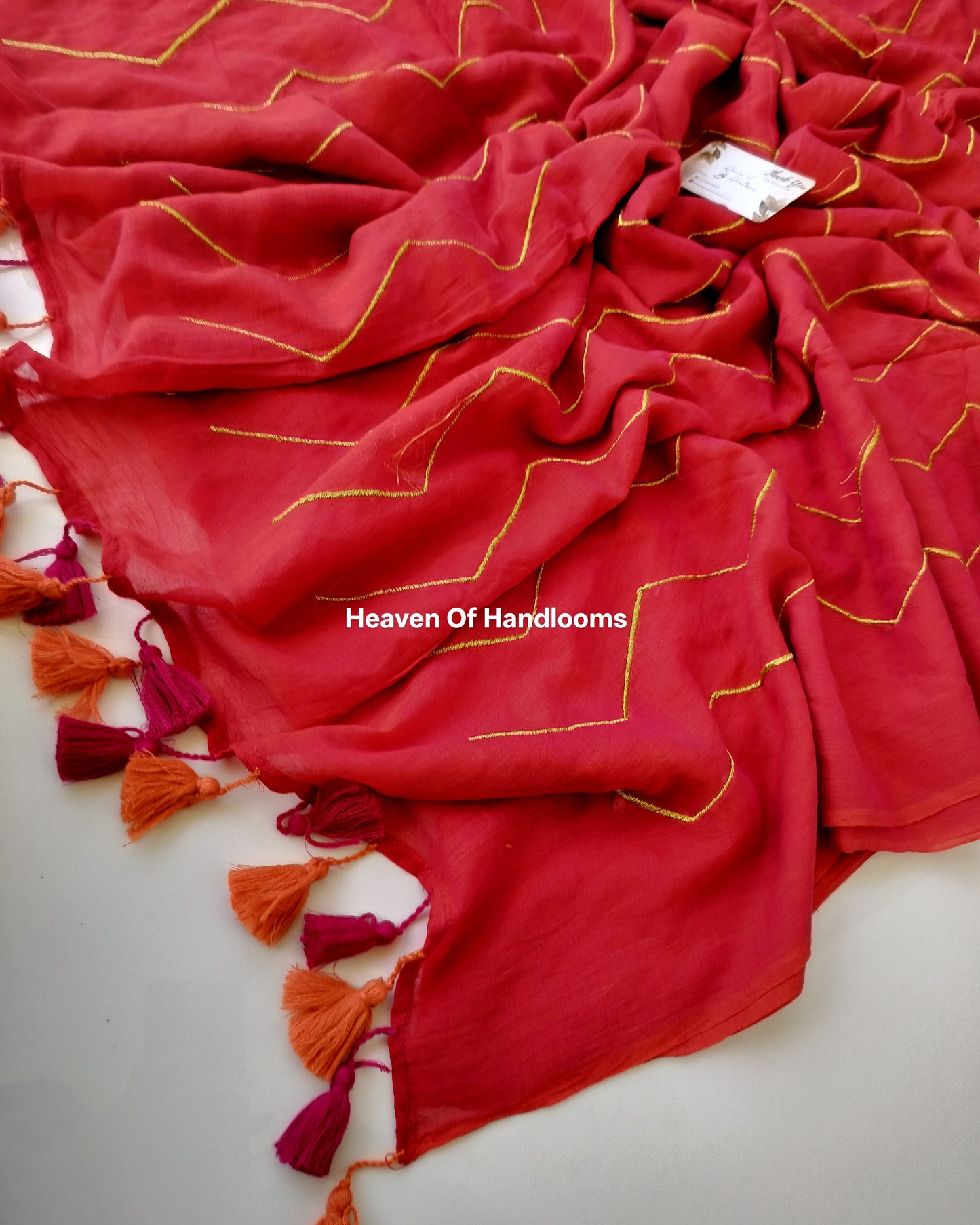 Embroidery Saree -  Tomato Red Zig Zag