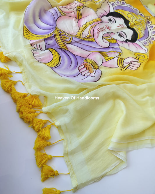 Hand Painted Saree - Pale Yellow with Ganapati