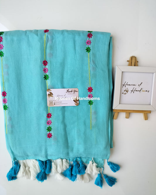 Embroidery Saree - Skyblue with Dobby Line