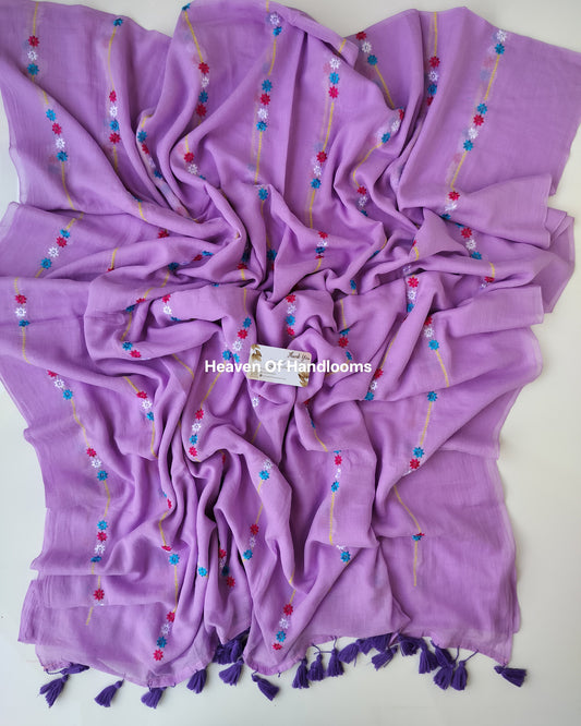Embroidery Saree -  Purple with Dobby Line