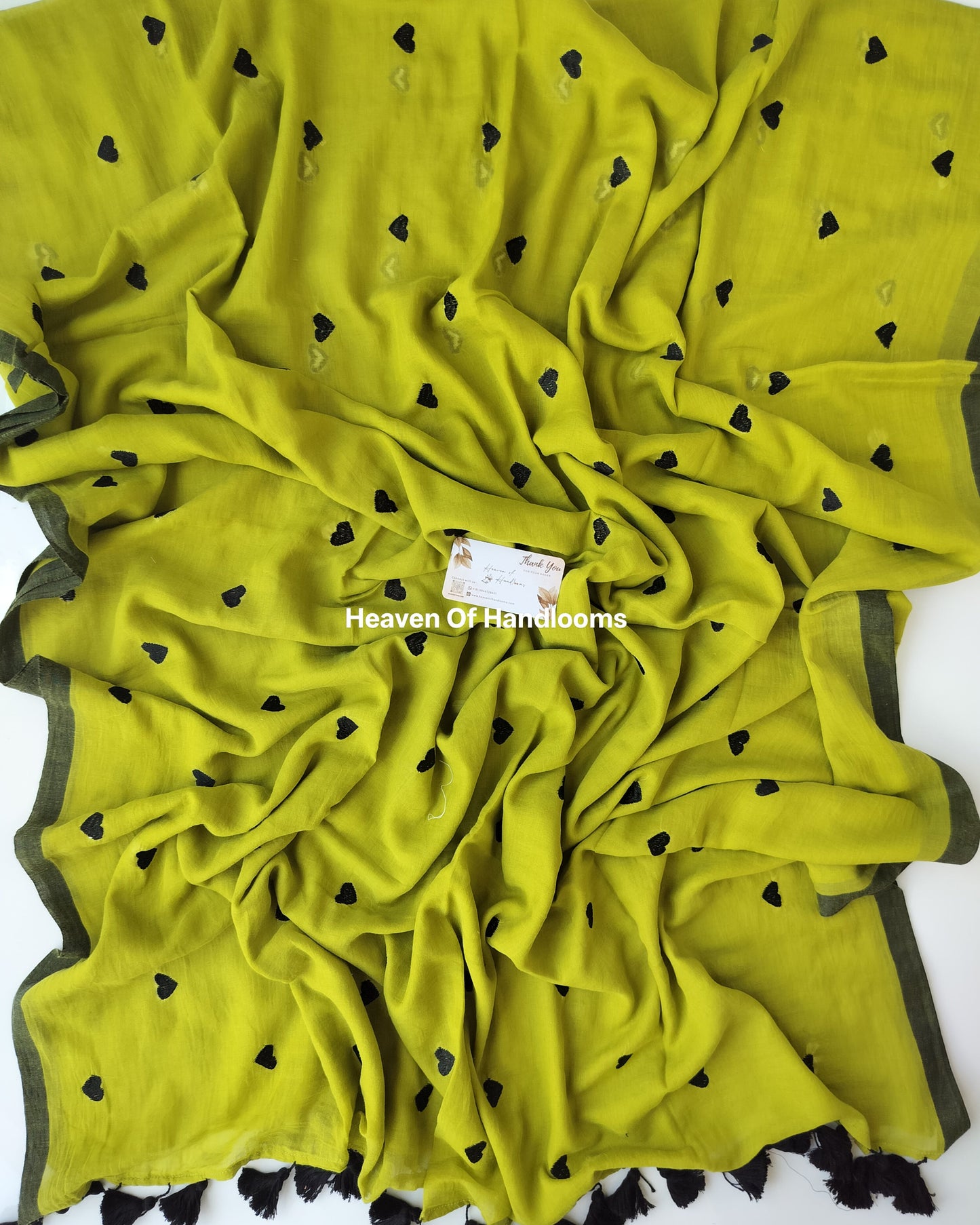 Embroidery Saree - Olive Yellow Heart