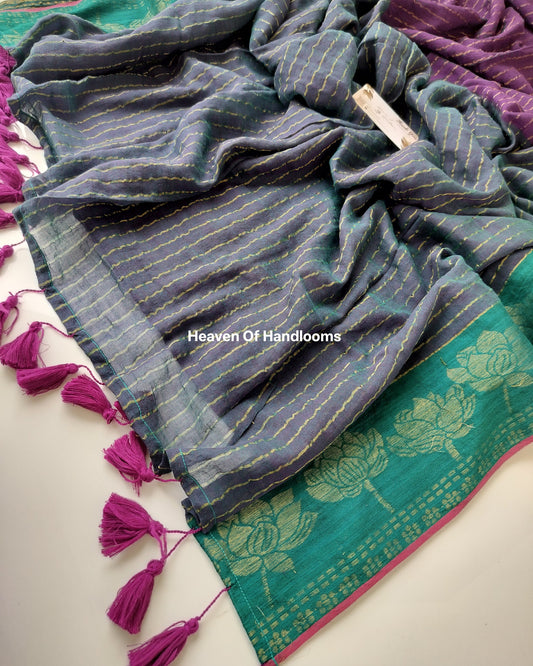 Festive Saree - Purple Peacock with Lotus Border