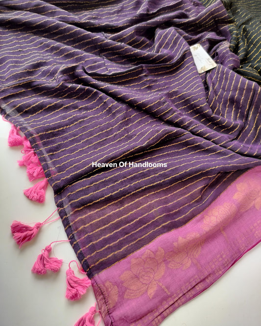 Festive Saree - Black Purple with Lotus Border