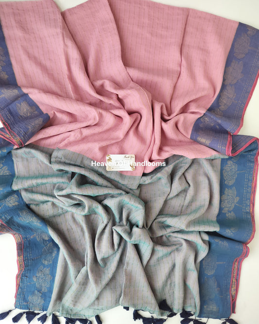 Festive Saree - Grey Pink with Lotus Border
