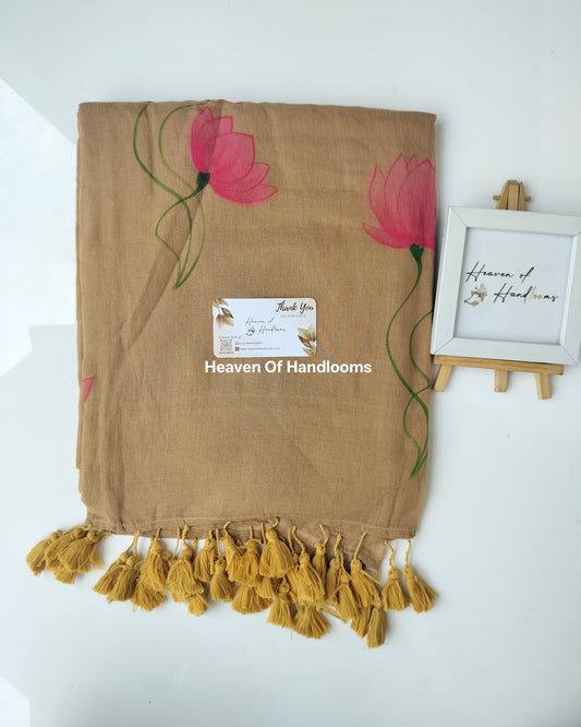Hand Painted Saree - Lotus Little Brown