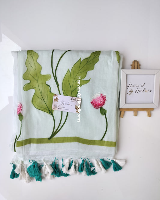 Hand Painted Saree - Olive Green Thistle