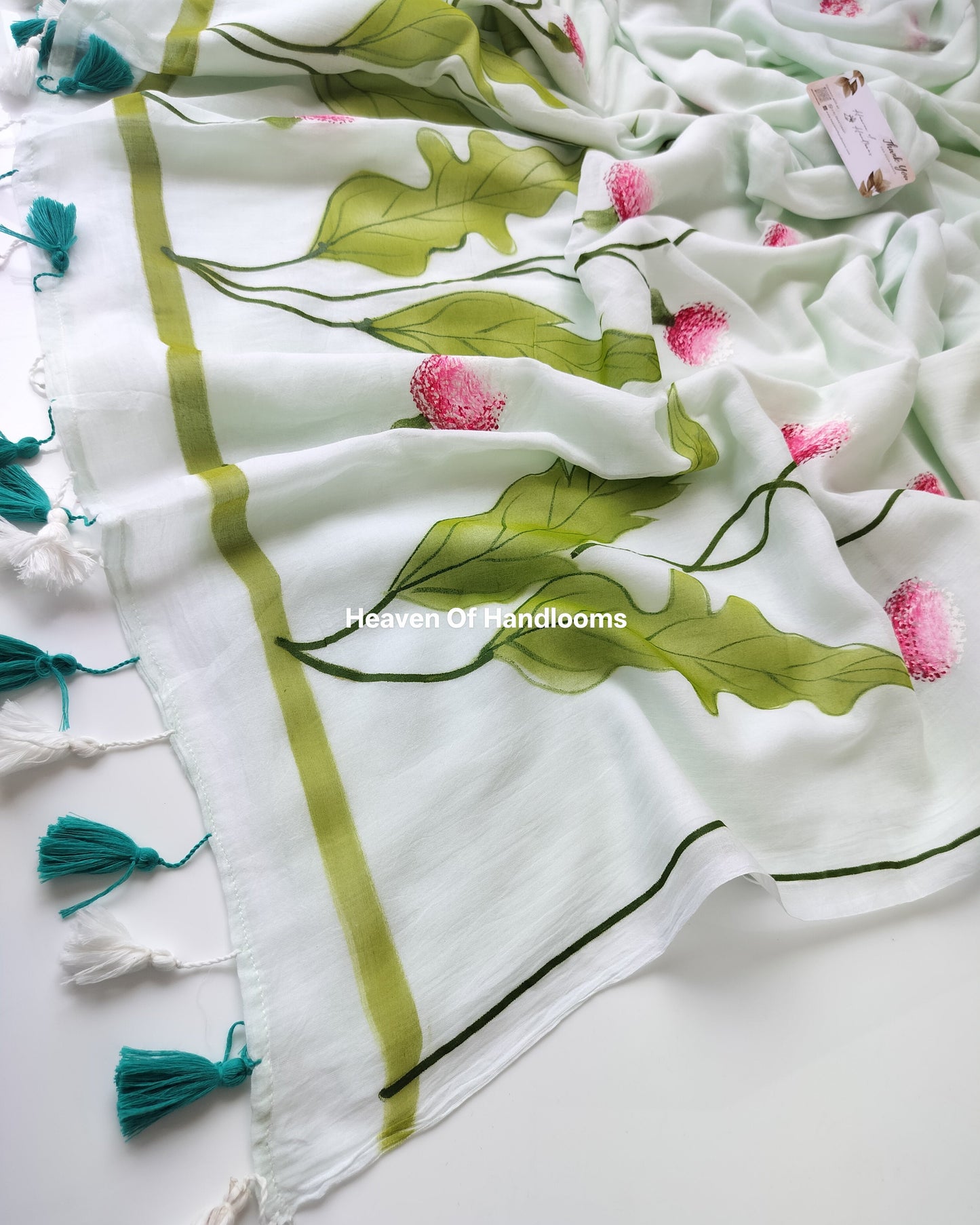 Hand Painted Saree - Olive Green Thistle