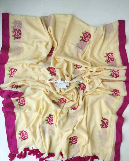 Embroidery Saree - Cream Roja Poo