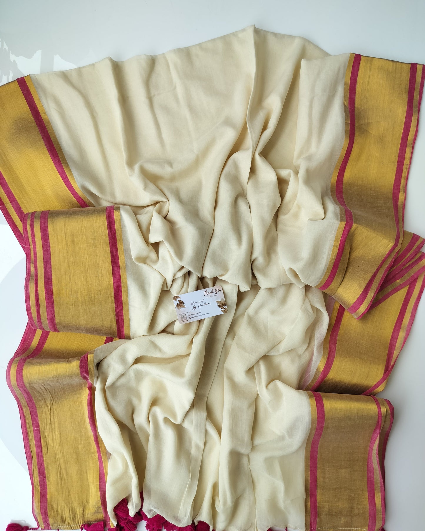 Onam-Vishu Saree - Beige with Red Thin Border