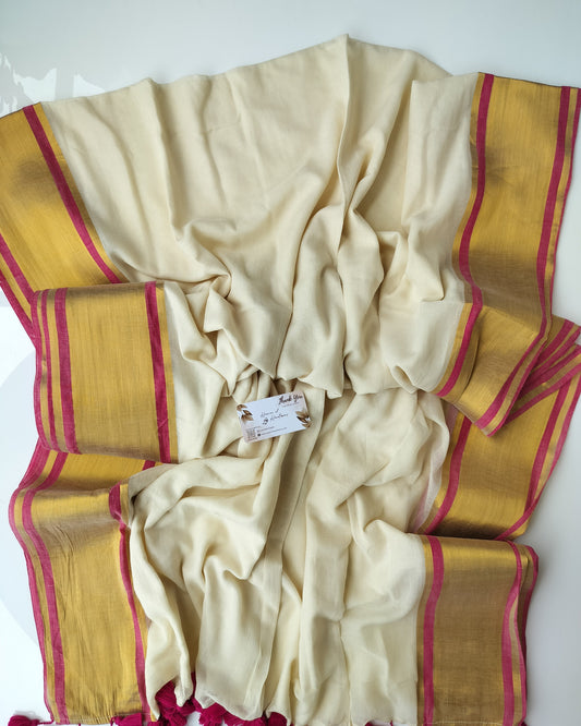 Onam-Vishu Saree - Beige with Red Thin Border